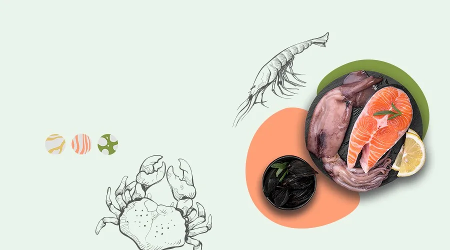 Salmon steaks, squid and mussels on a slate plate beside line drawings of a crab and a prawn